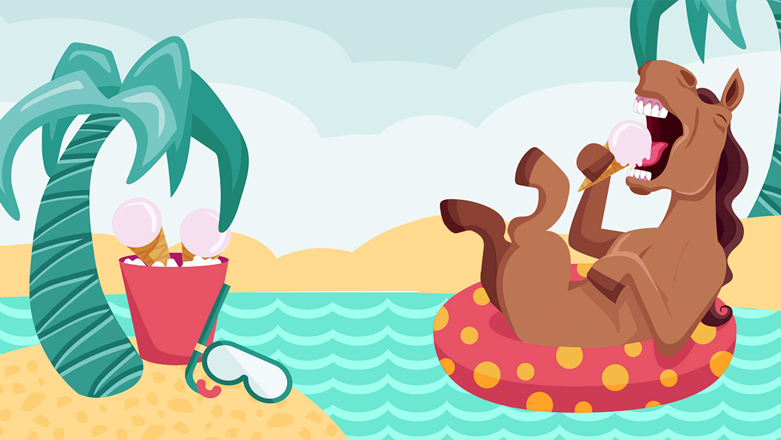 Iloinen piirretty hevonen kelluu uimarenkaalla rantamaisemassa jäätelöä syöden.